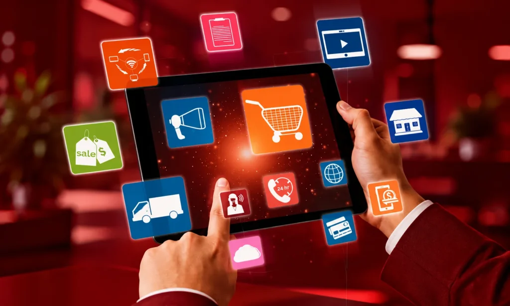 Hands holding a tablet with floating shopping cart, sale tag, megaphone, delivery truck and video icons, illustrating trade spend vs retail media.