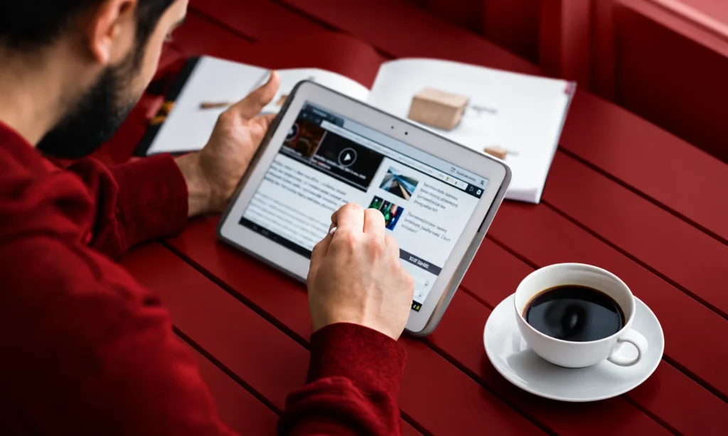 A man in a red sweater browsing a news page with an embedded video on a tablet, showing how contextual targeting reads page content rather than viewer identity.