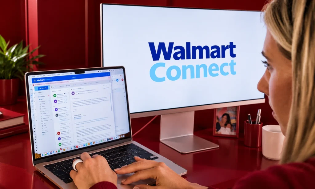 Desktop monitor displaying Walmart Connect alongside a laptop, illustrating the platform brands use to manage retail media advertising.
