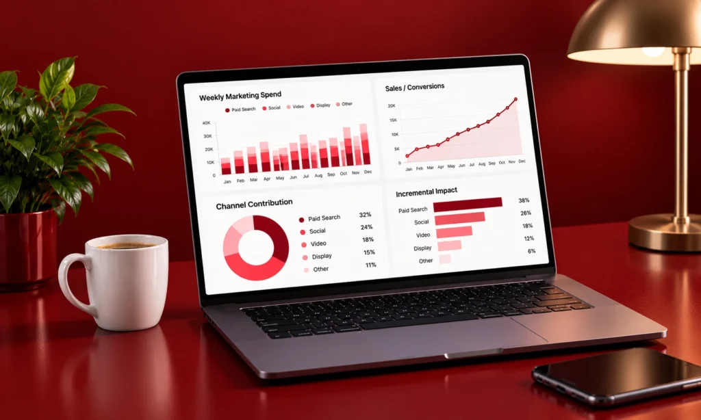 Marketing mix modeling dashboard showing growing weekly marketing spend alongside rising sales and conversion trends.