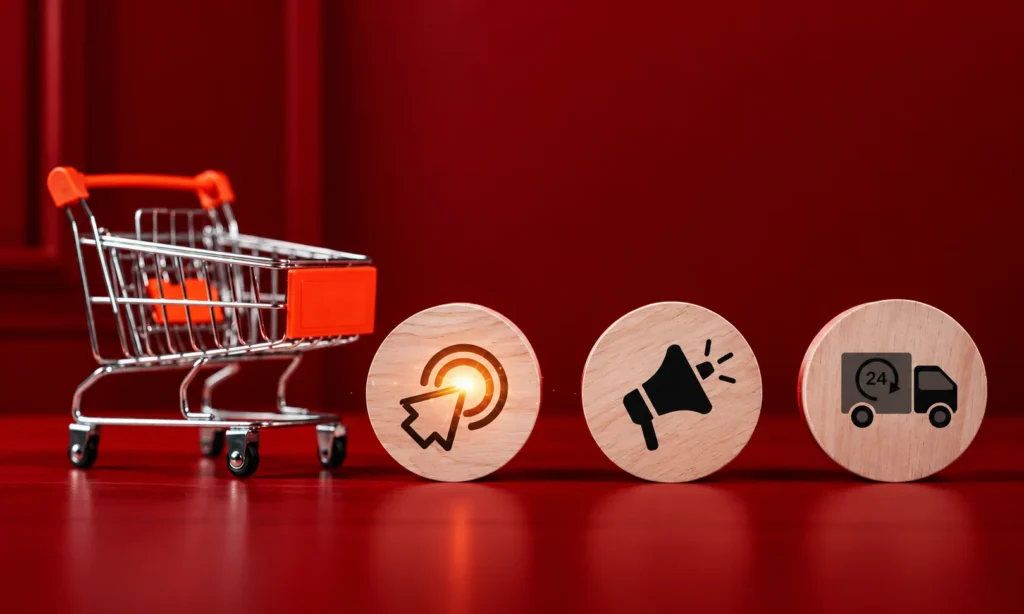 Miniature shopping cart beside three wooden discs showing a click icon, a megaphone and a delivery truck, representing trade spend vs retail media.