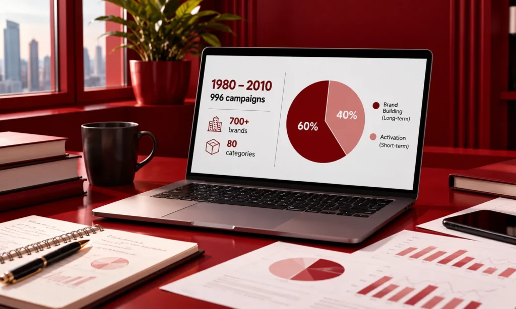 Laptop displaying the 60/40 marketing budget split, with 60% for long-term brand building and 40% for short-term activation, alongside campaign research data.