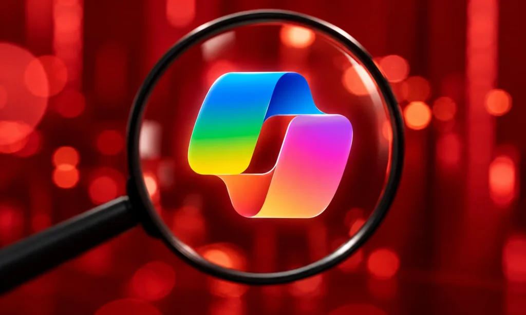 A magnifying glass over the Microsoft marketing Copilots logo, a colourful ribbon of blue, green, yellow, orange and pink, against a blurred red background.