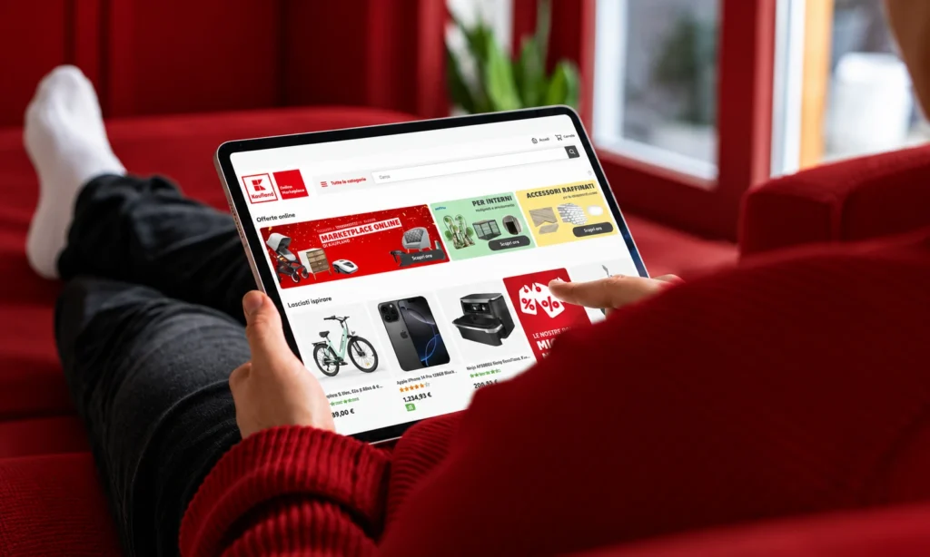 Marketplace expansion strategy showing a shopper browsing marketplace products on a tablet to evaluate product selection and sales opportunities.