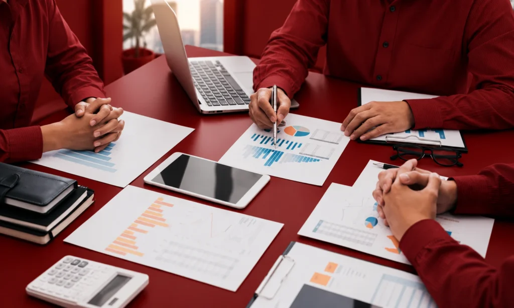 Supplier funded marketing cost analysis showing business professionals reviewing promotional expenses, sales reports, and financial charts.