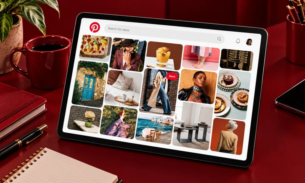 A tablet showing the Pinterest search bar and a grid of saved ideas including food, fashion, home d&eacute;cor and travel images, representing the planning-led categories where Pinterest advertising fits best.