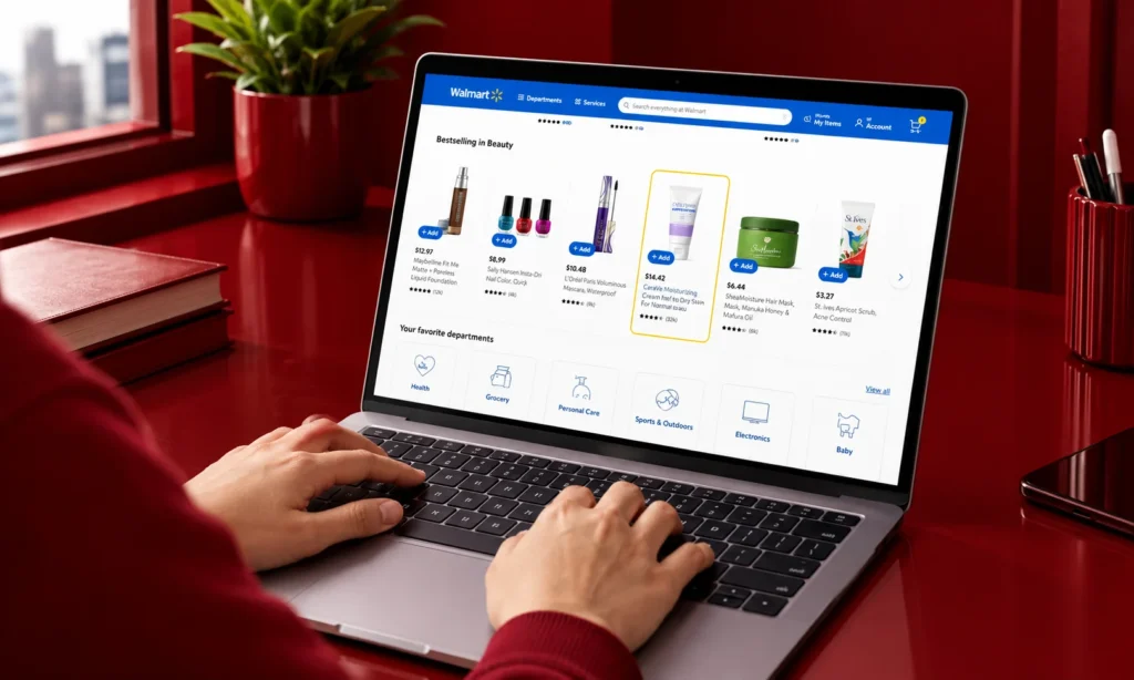 Laptop displaying Walmart's online product listings across beauty and personal care categories, illustrating product discovery and sponsored advertising opportunities for brands.