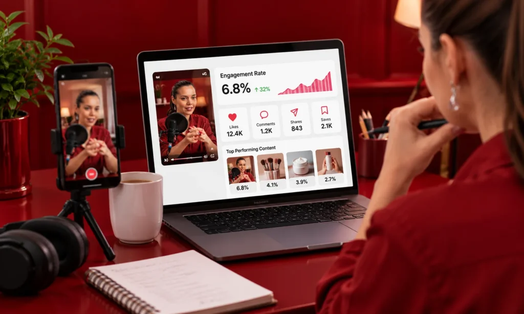Content creator reviewing engagement rate, likes, comments, shares, and saves on a campaign performance dashboard.