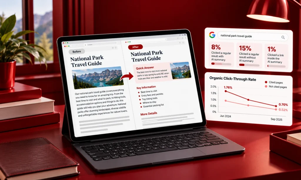 | How Brands Are Rewriting Content for Answer Engines A before-and-after “National Park Travel Guide” page showing content rewriting for AEO with a Quick Answer box, beside click-through statistics of 8%, 15% and 1% and a line chart of organic click-through rate falling from 1.76% to 0.70% for cited pages and 0.52% for uncited pages.