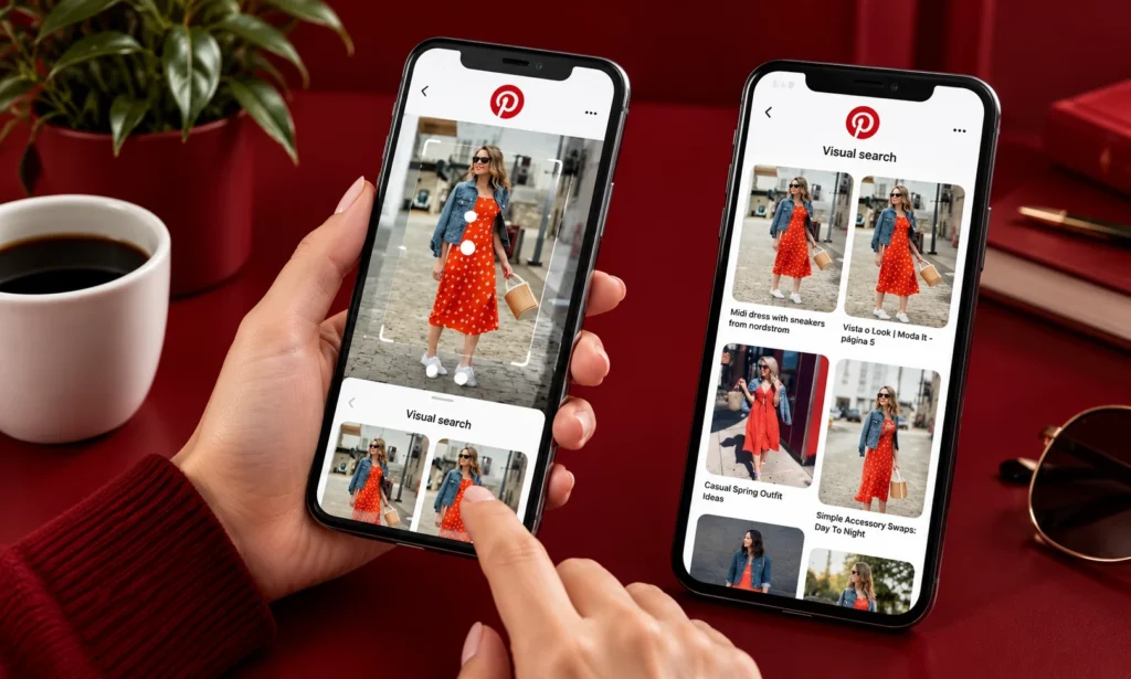 Two phones showing Pinterest visual search, with an outfit photo of a red patterned dress and denim jacket selected on one screen and matching outfit results on the other, illustrating visual search in Pinterest advertising.
