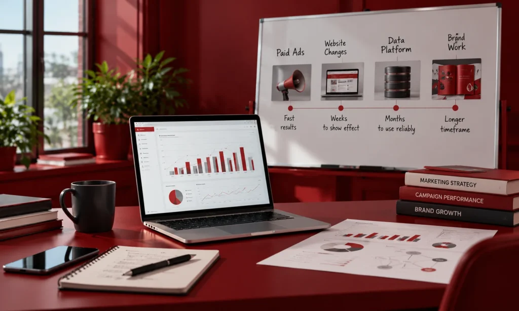 Setting marketing OKRs with a laptop showing performance charts and a whiteboard outlining paid ads, website changes, data platforms, and brand work across different timeframes.