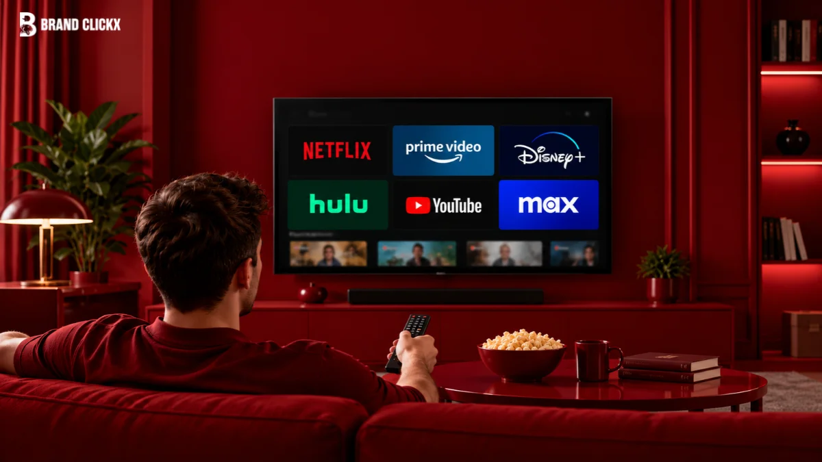 Connected TV Measurement: Reach, Frequency and Waste viewer relaxes on a red sofa with a remote, facing a TV