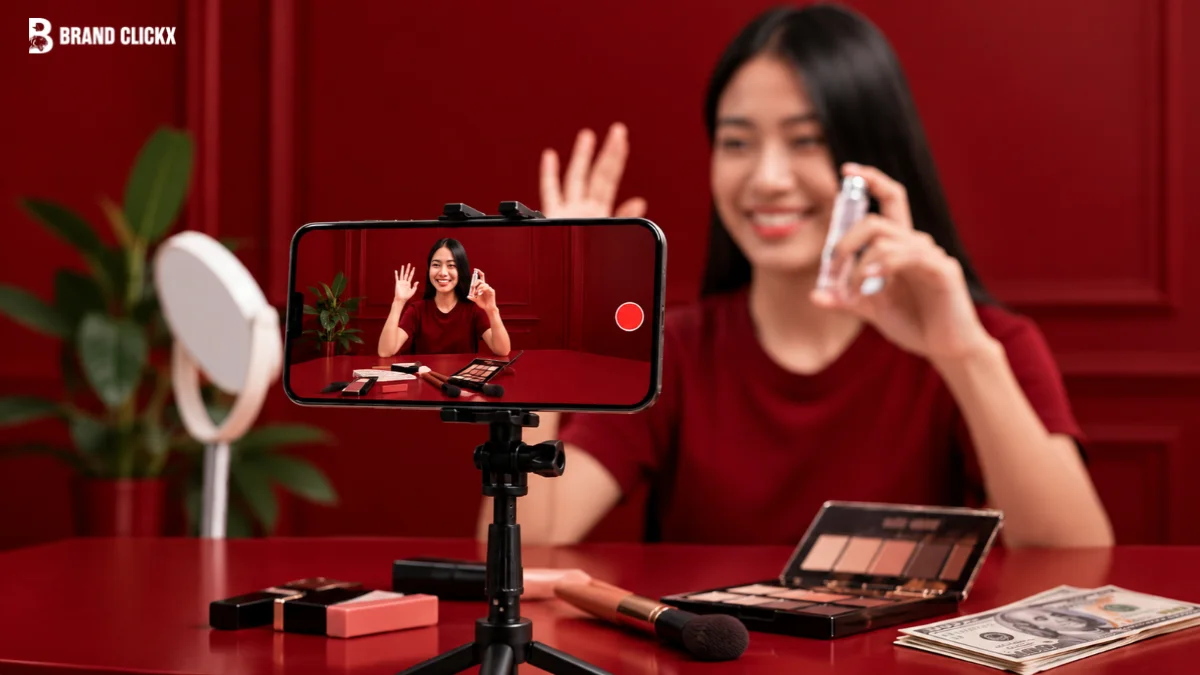 creator in a red top films herself