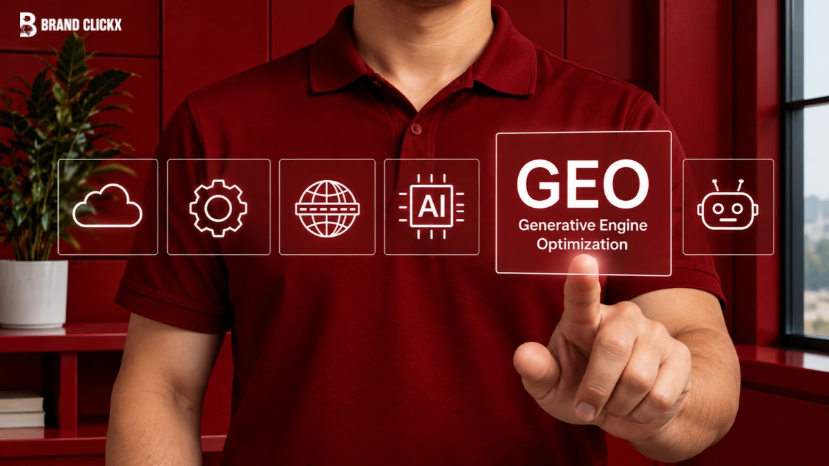 A person in a red polo taps a glowing “GEO” panel among cloud, settings, globe, AI, and robot icons, promoting generative engine optimization.