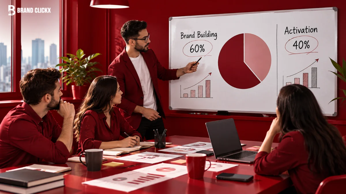 Marketing team presenting the 60/40 brand performance split, allocating 60% of the budget to brand building and 40% to activation.