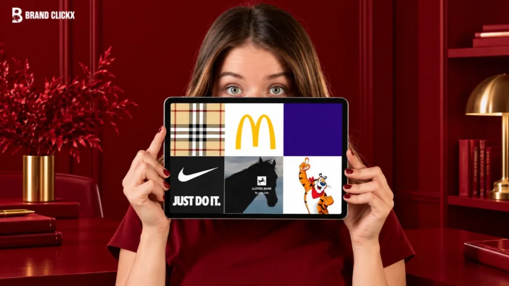 Woman holding a tablet displaying familiar brand logos and visual assets, illustrating how distinctive brand cues build recognition and memory.