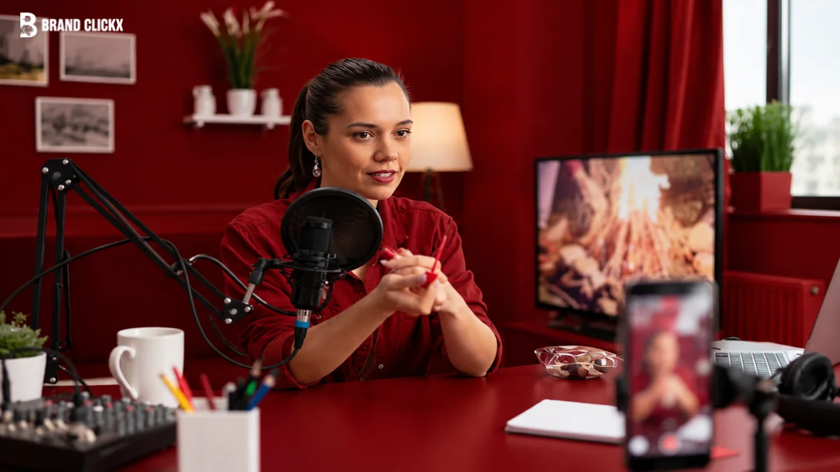 Creator content production with a woman recording a video for a brand campaign.