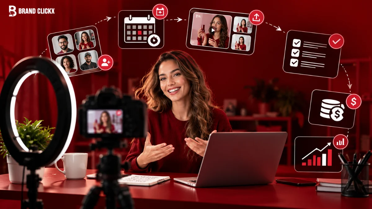 A smiling creator filming at a desk with a ring light and camera, surrounded by workflow icons for roster, calendar, content upload, approvals, payment and reporting in an always on creator programme.