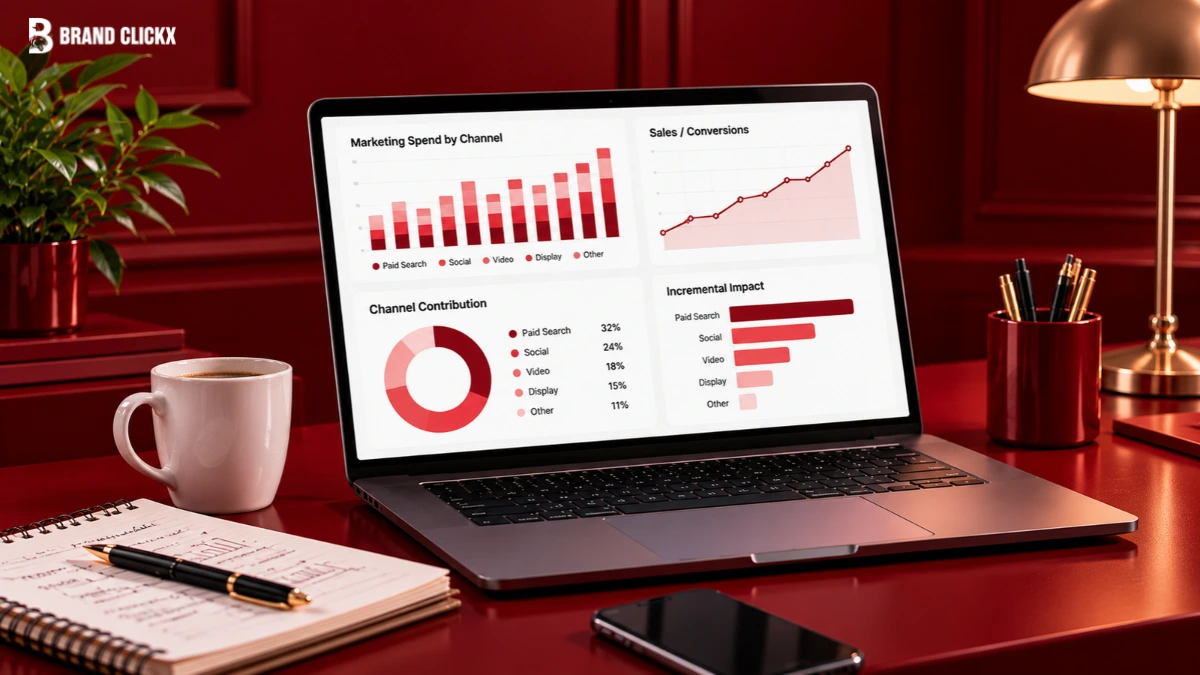 Marketing mix modeling dashboard showing channel spending, sales conversions, channel contribution, and incremental impact.