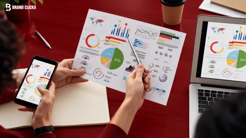 Market expansion strategy illustrated through sales charts, performance reports, and marketplace data across digital devices.