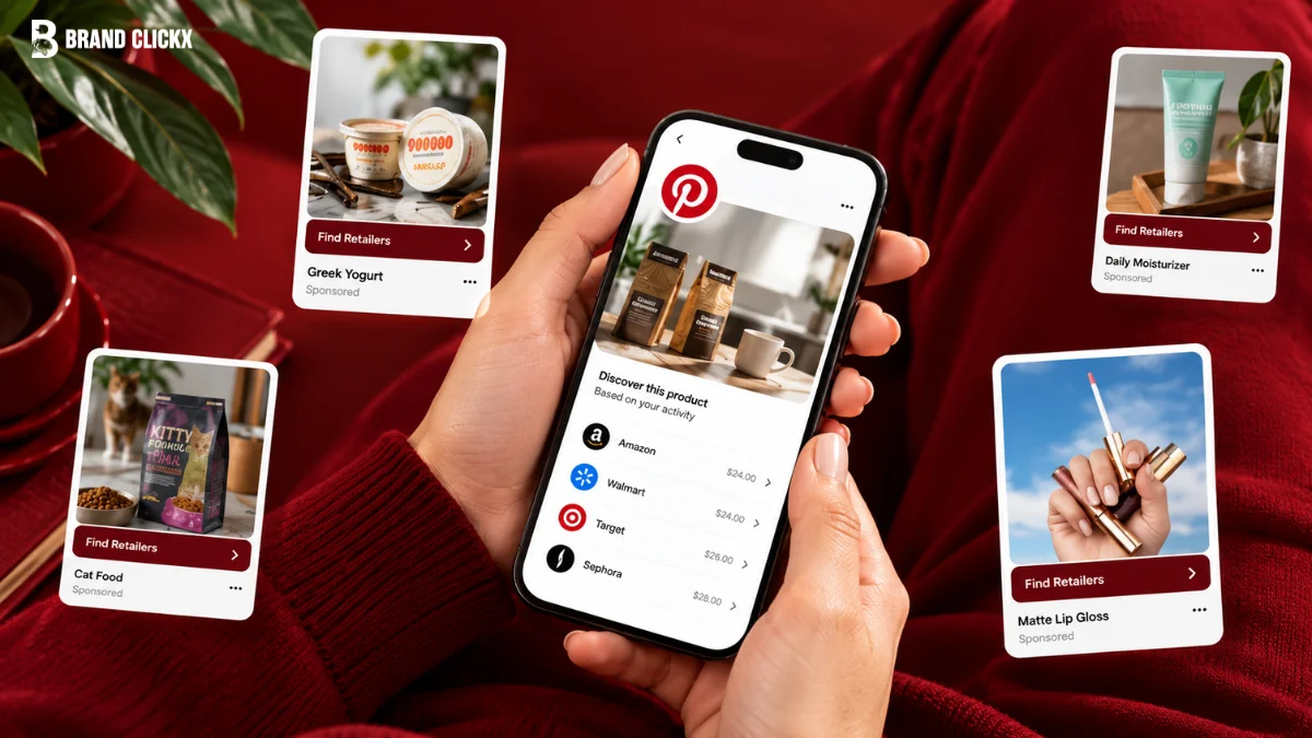 A hand holding a phone showing a Pinterest product page with retailer prices, surrounded by sponsored Pins for Greek yogurt, cat food, moisturizer and lip gloss with Find Retailers buttons, illustrating Pinterest advertising and shopping ads.