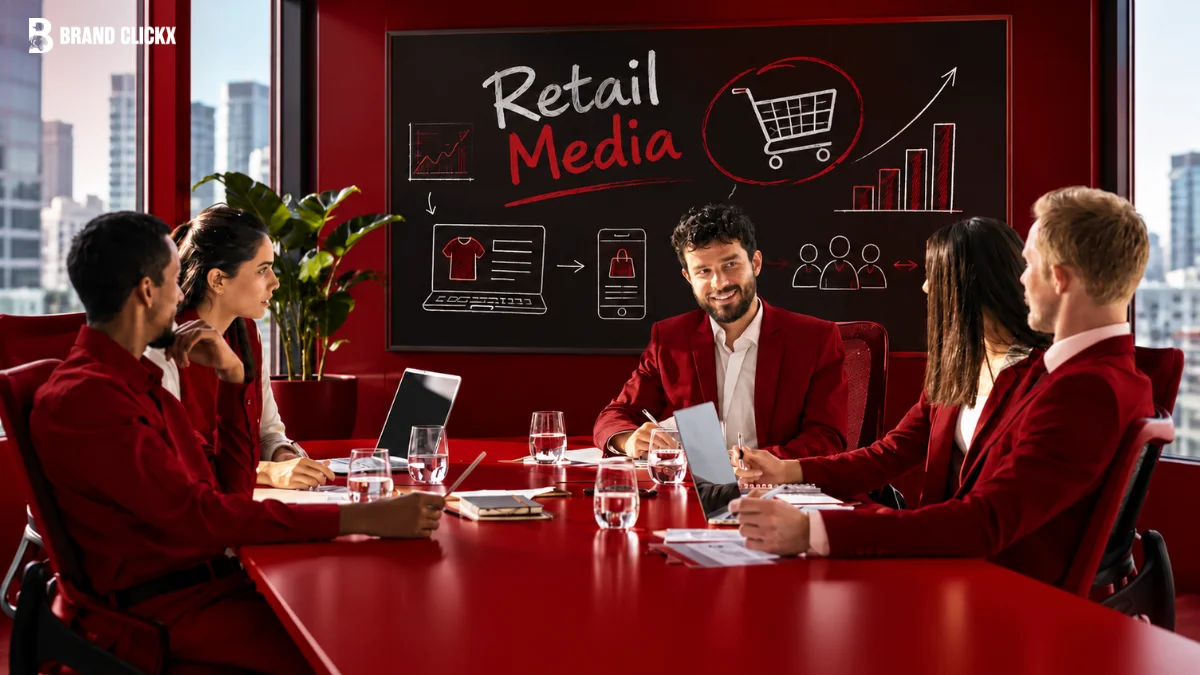 Team in red blazers around a boardroom table discussing trade spend vs retail media budgets, with a "Retail Media" chalkboard behind them.