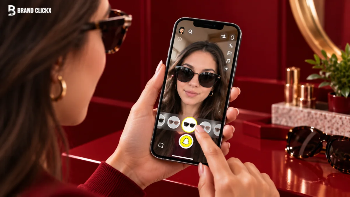 A woman uses a Snapchat AR Lens on her smartphone to virtually try on different sunglasses.