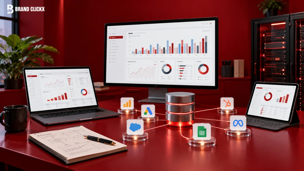 Marketing data warehouse combining CRM, advertising, and analytics data into a central reporting dashboard.