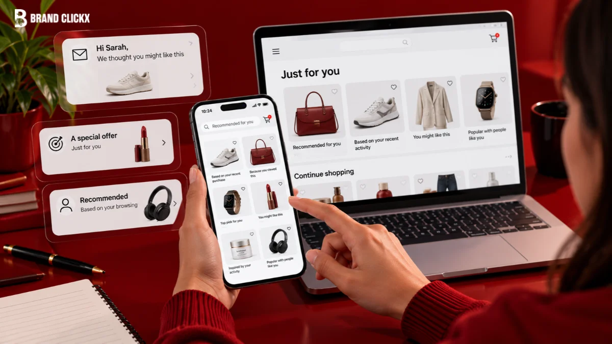 AI personalization at scale displaying personalized product recommendations across a smartphone and laptop in an online store.