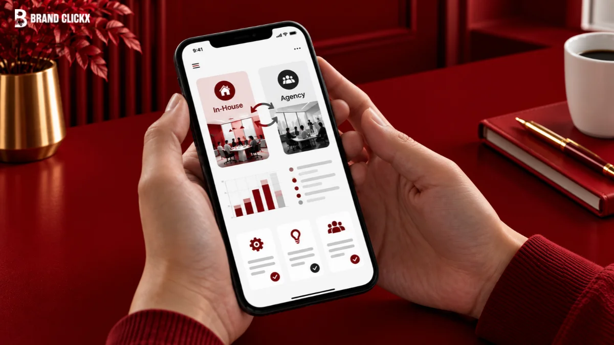 Hands holding a smartphone showing in-house and agency marketing functions, illustrating the evolving role of brand in housing marketing.
