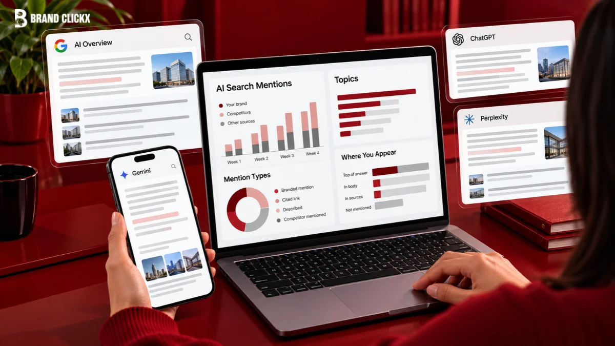 AI search visibility dashboard tracking brand mentions, citations, and competitor appearances across Google AI Overviews, ChatGPT, Gemini, and Perplexity.