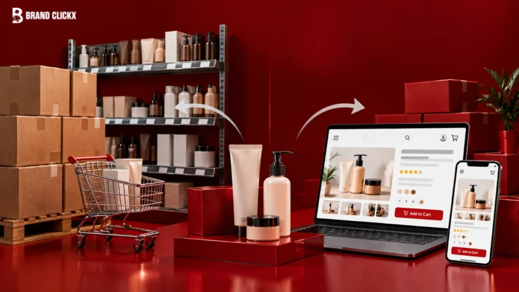 Wholesale vs DTC showing skincare products moving between retail inventory and online stores on a laptop and smartphone.