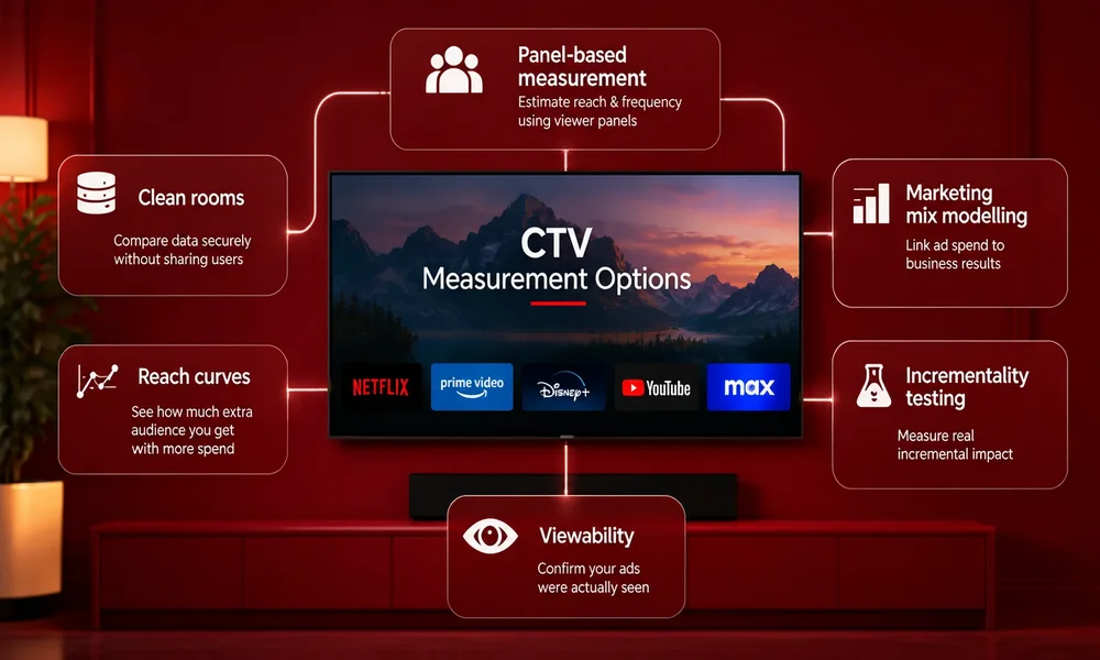 | Connected TV Measurement: Reach, Frequency and Waste Red living room infographic-Connected TV Measurement