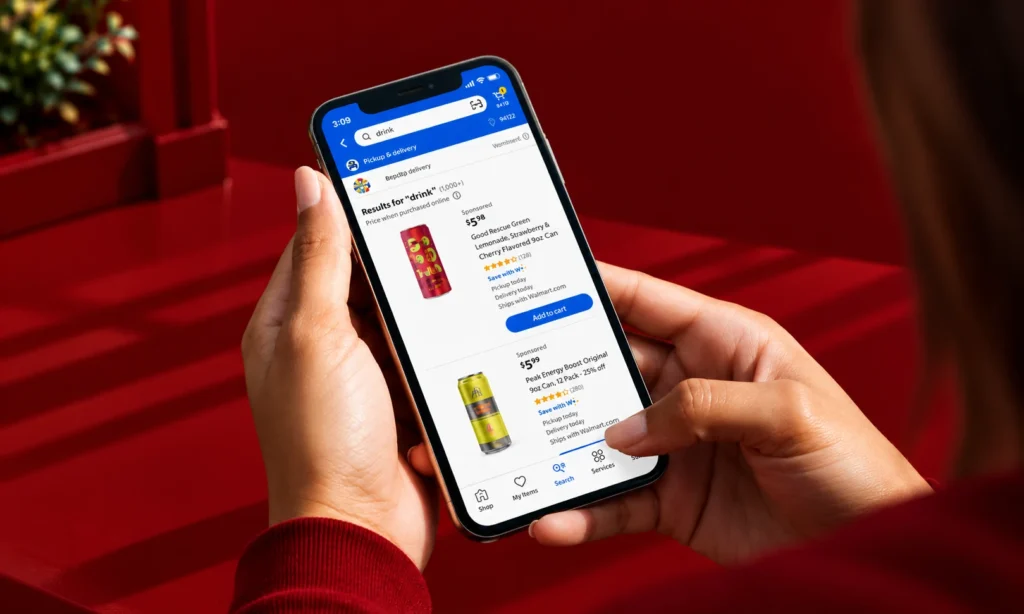 Smartphone displaying Walmart shopping search results and sponsored product listings, illustrating mobile retail media advertising through Walmart Connect.